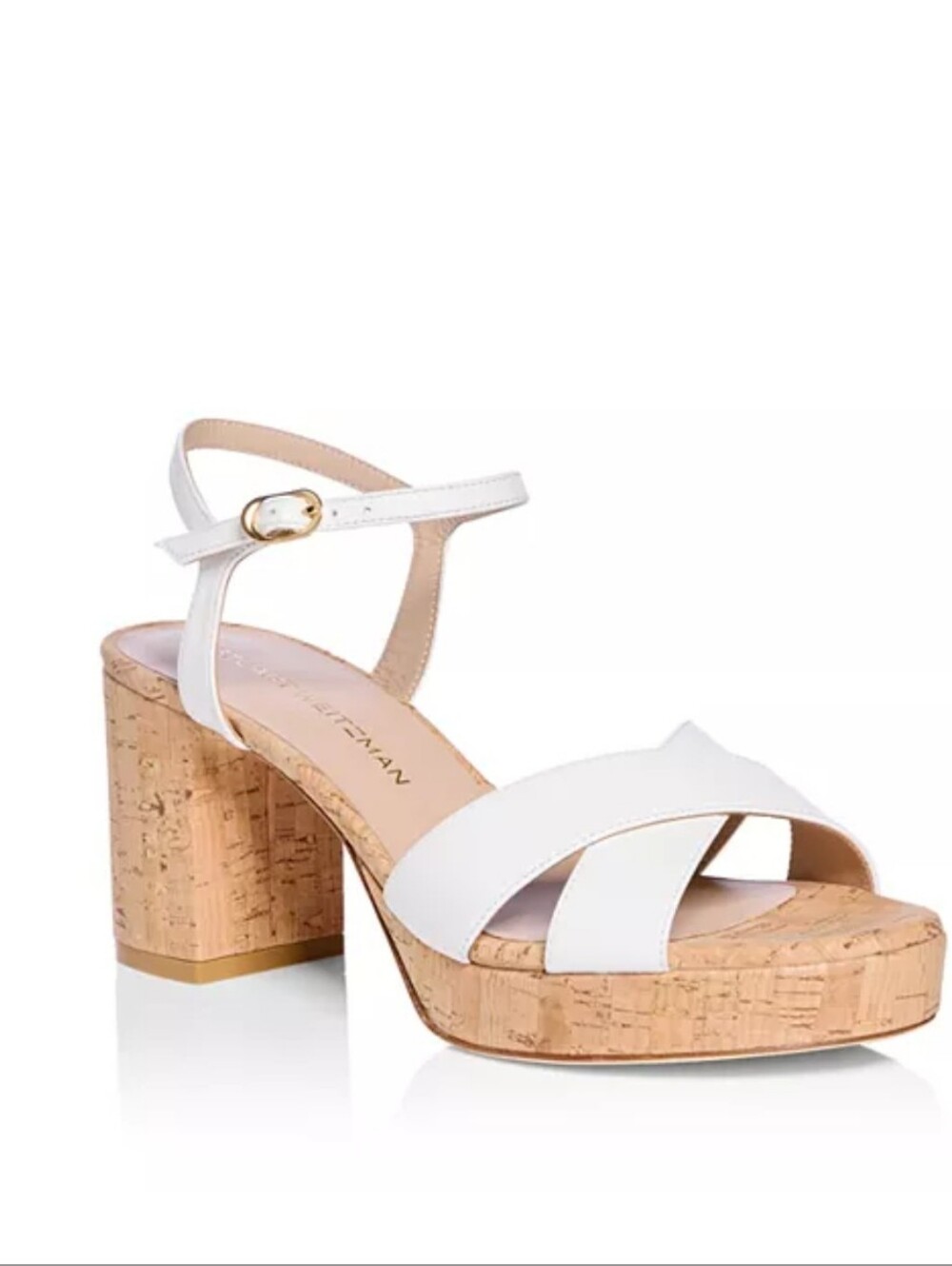 Stuart Weitzman "Dayna" White Cork Platform 80 Block Heel Sandal